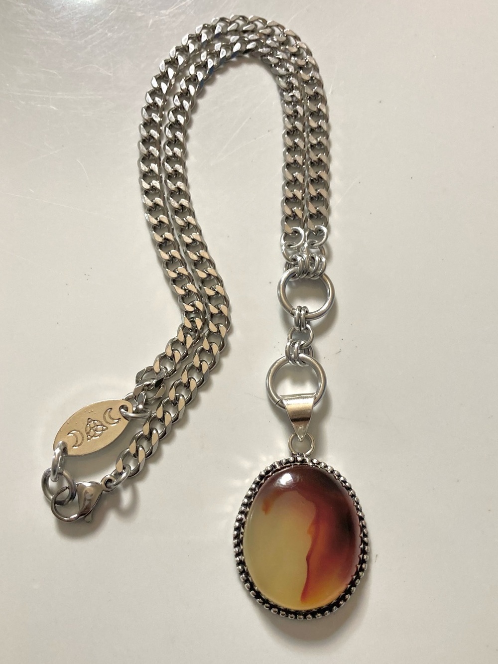Agate gemstone maille lariat Y shape Cuban stainless steel boho necklace - Picture 15 of 16